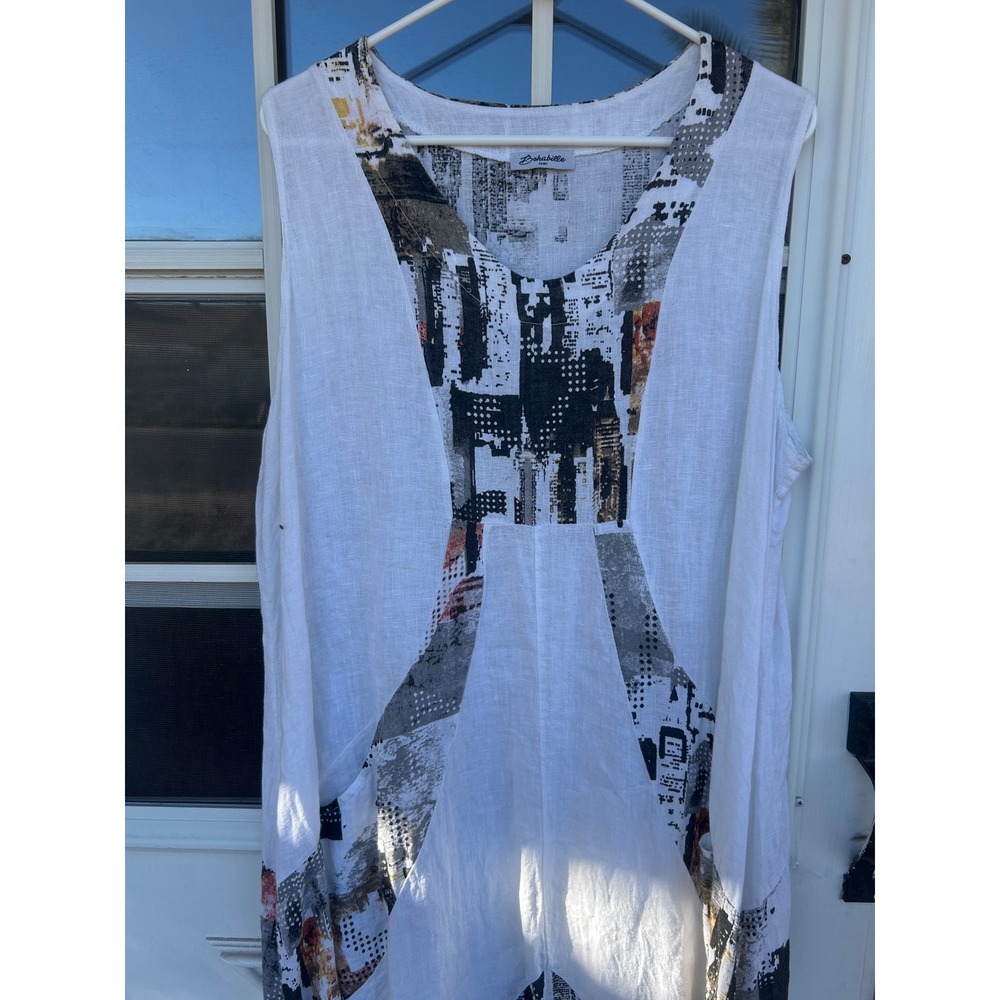 Bohabille Paris Linen Cityscape Print Bubble Hem Midi Dress White XL Lagenlook - Picture 8 of 12